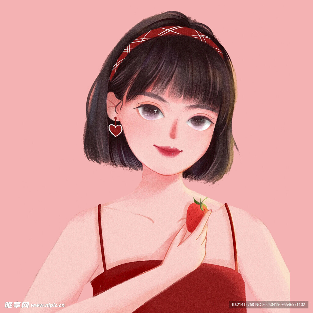 红衣少女手持草莓甜美模样