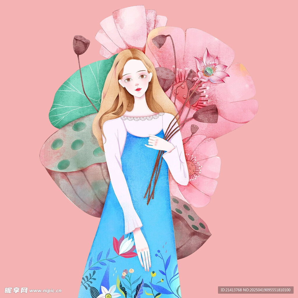 古风蓝裙女子持扇赏景
