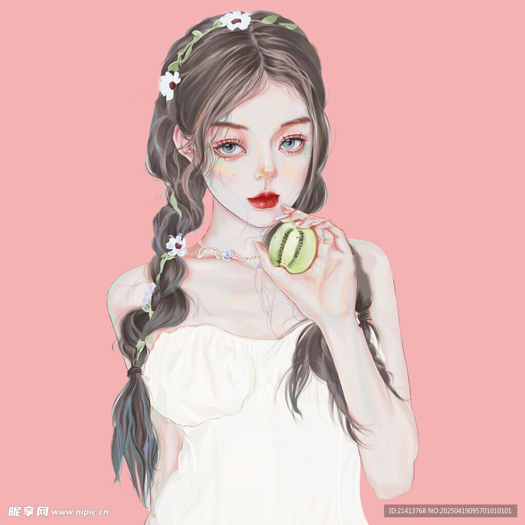 手持西瓜的双麻花辫少女