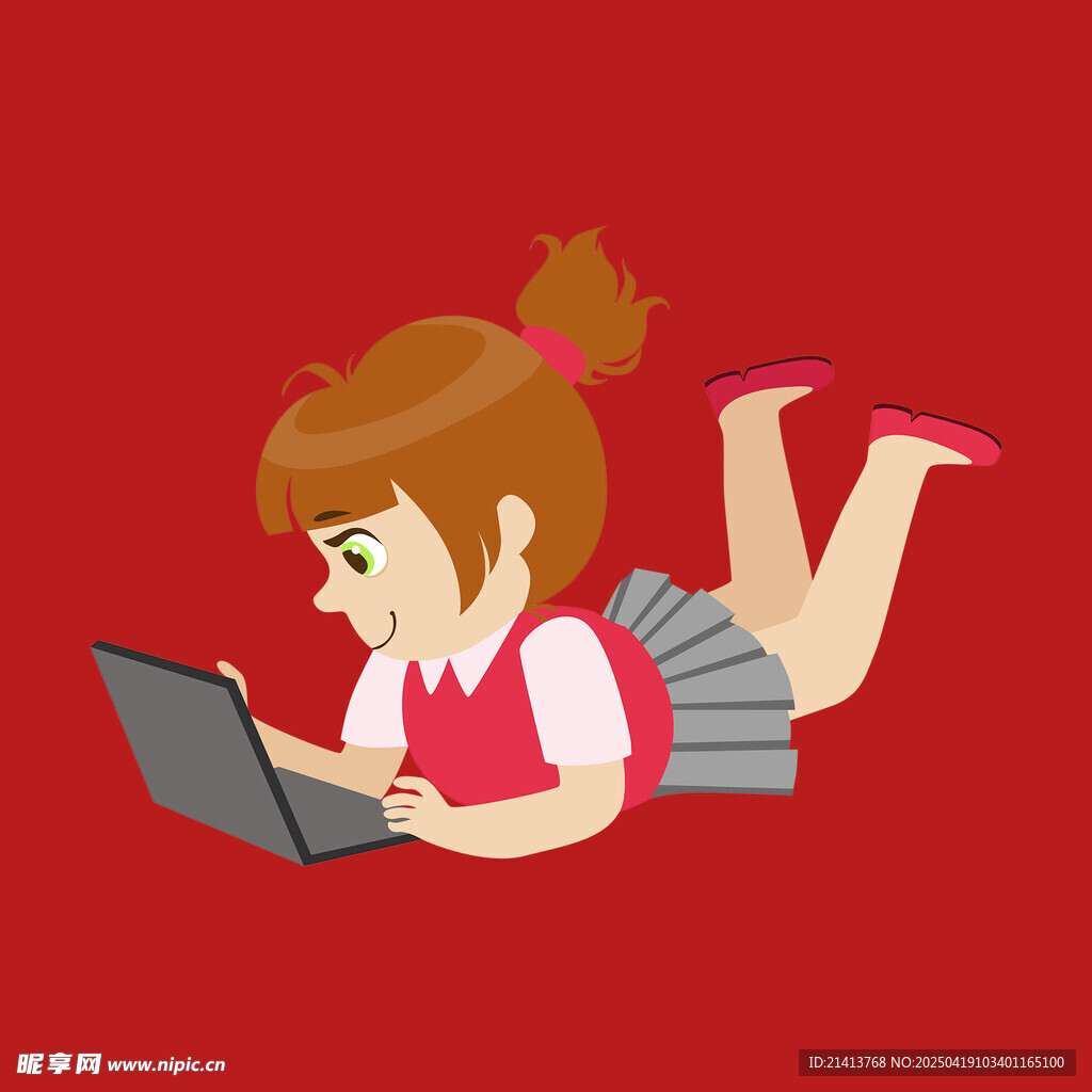女孩惬意躺卧用笔记本电脑