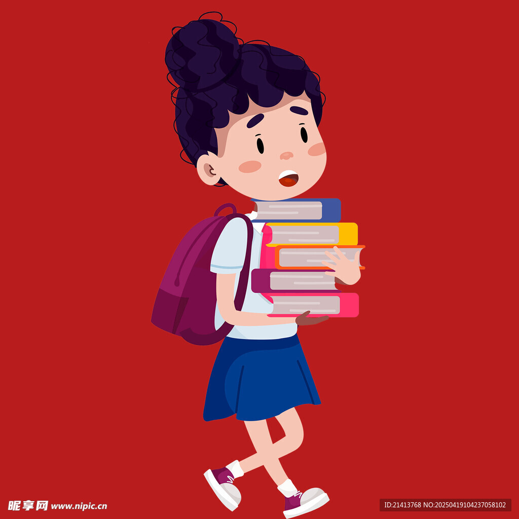 背着书包抱书的上学女孩