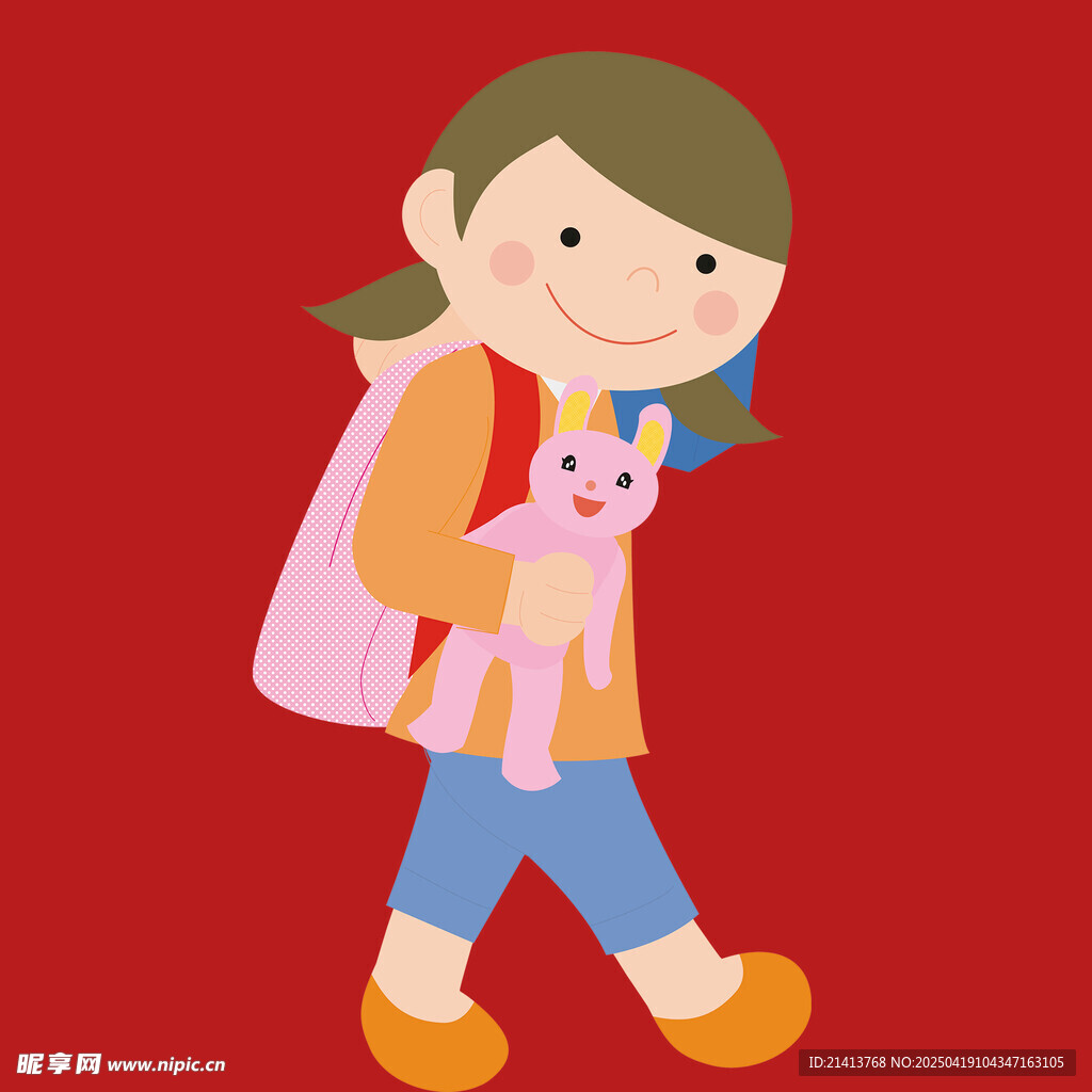 背着书包抱玩偶的小女孩