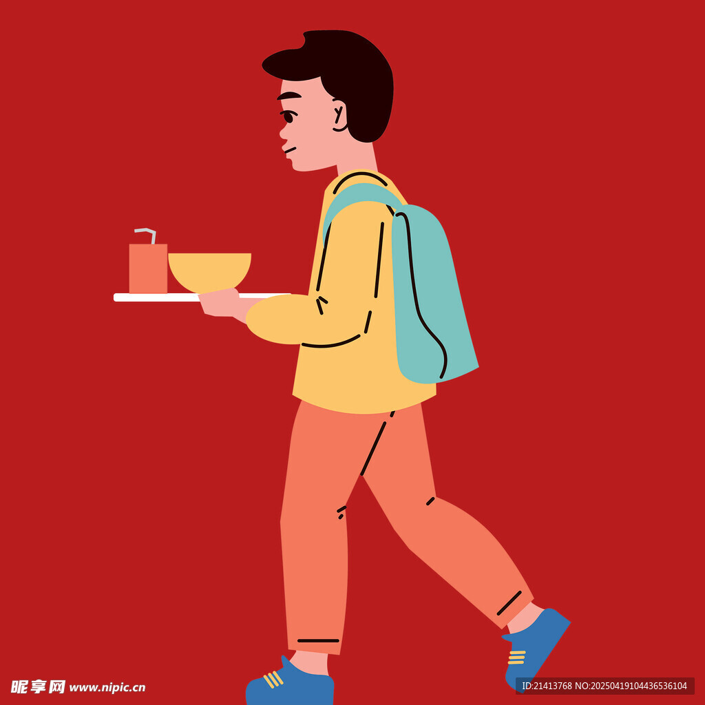 背着书包端餐食的少年