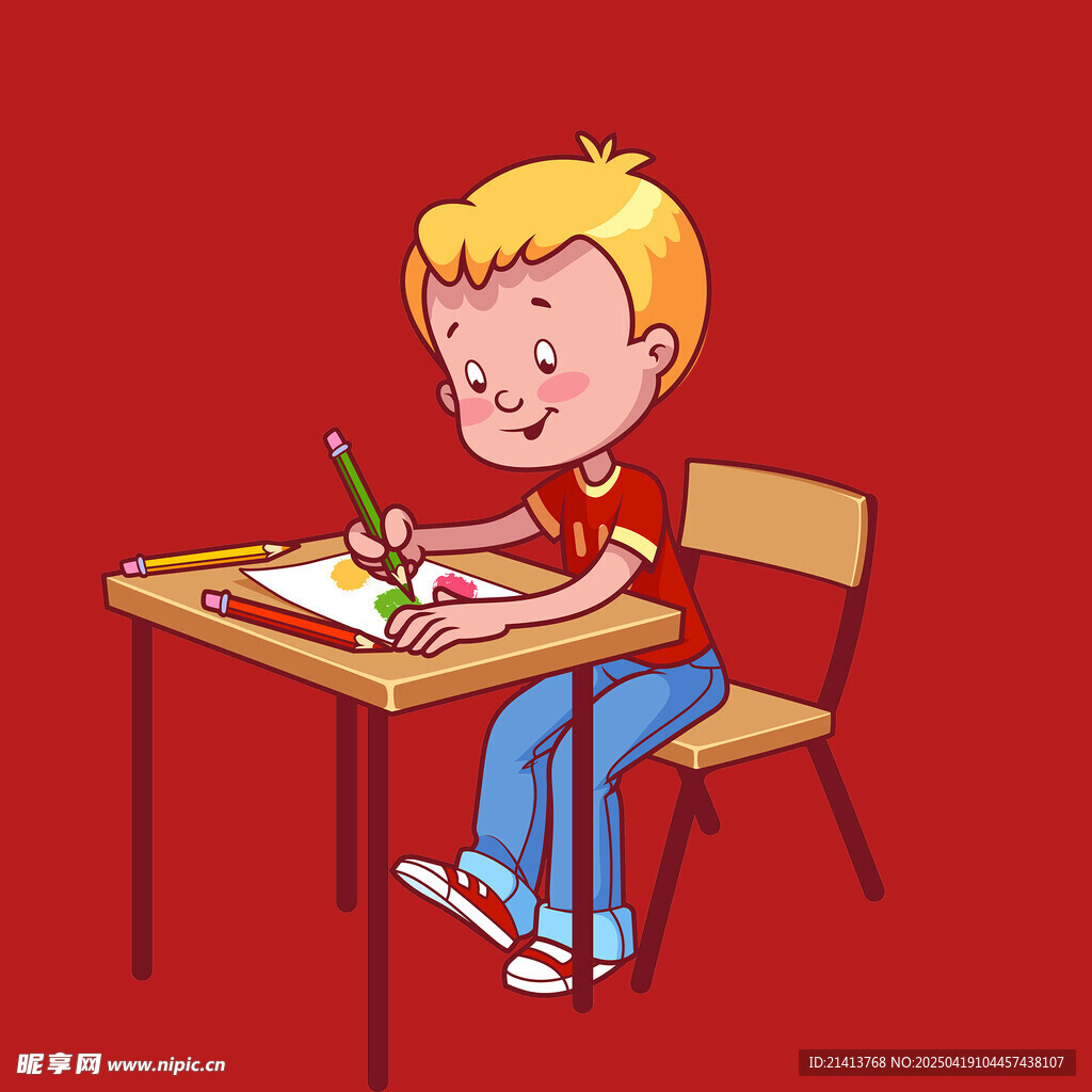 男孩专注桌前挥笔作画