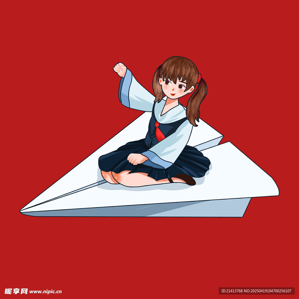 女孩乘纸飞机快乐飞翔