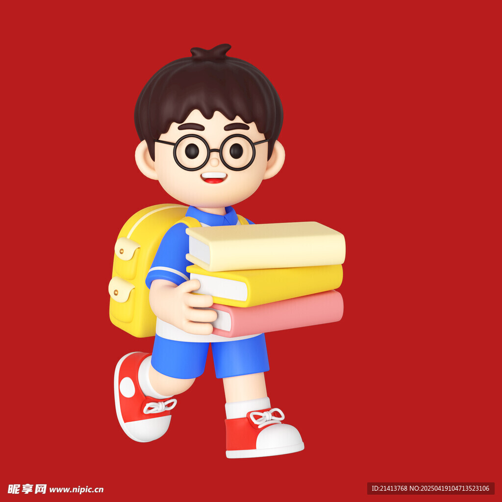 背着书包捧书的小男孩