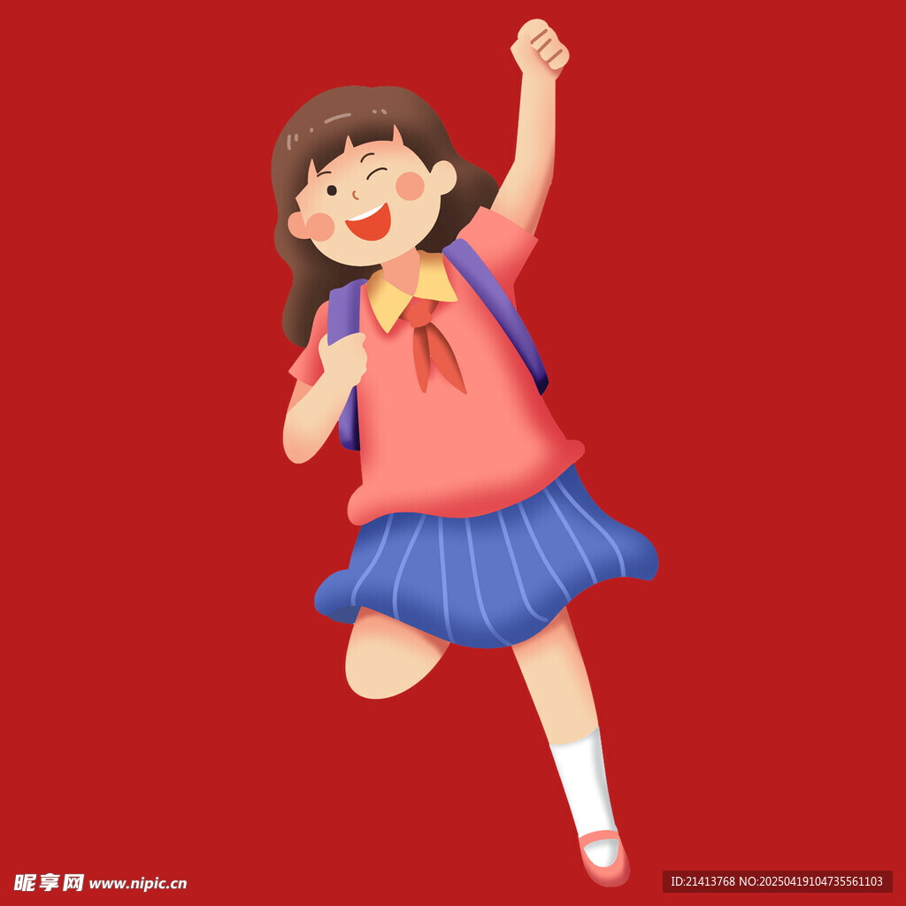 欢快跳跃的上学小女孩