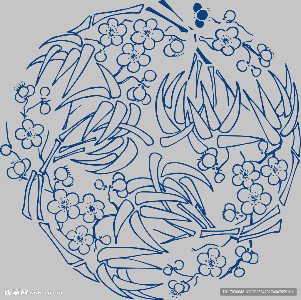中式花卉圆形线描图案
