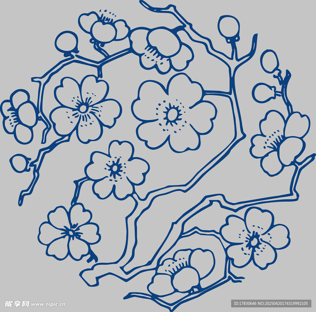 蓝色手绘梅花枝图案