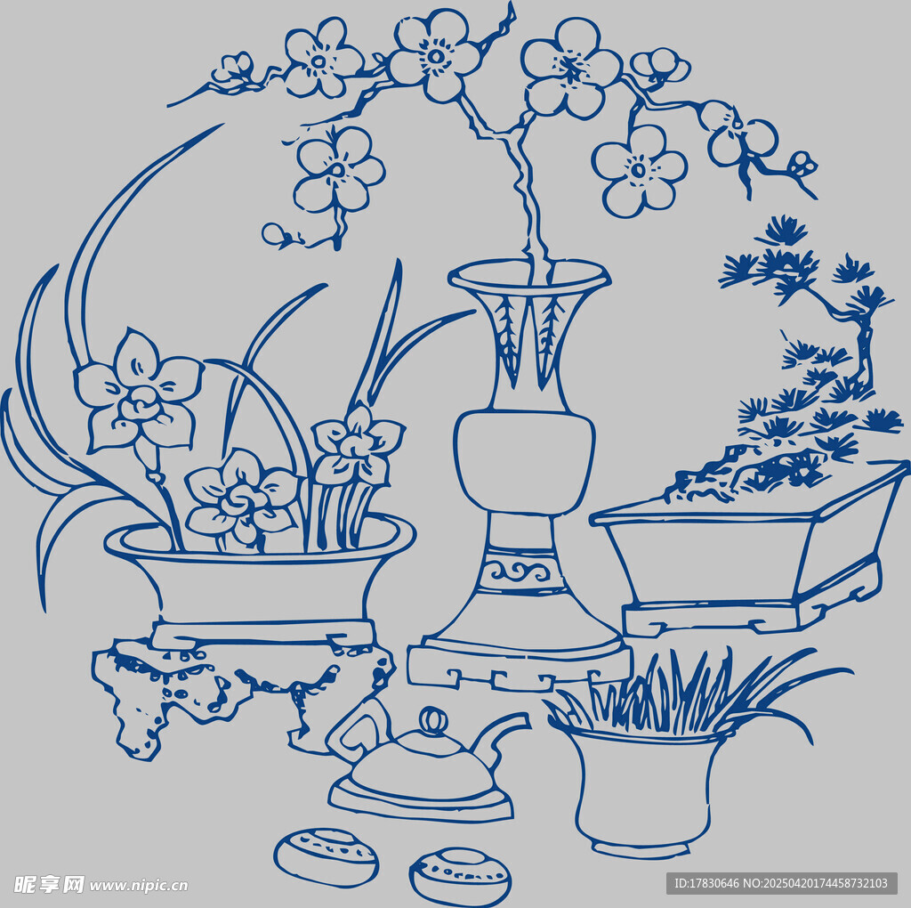中式花卉盆栽线描图案