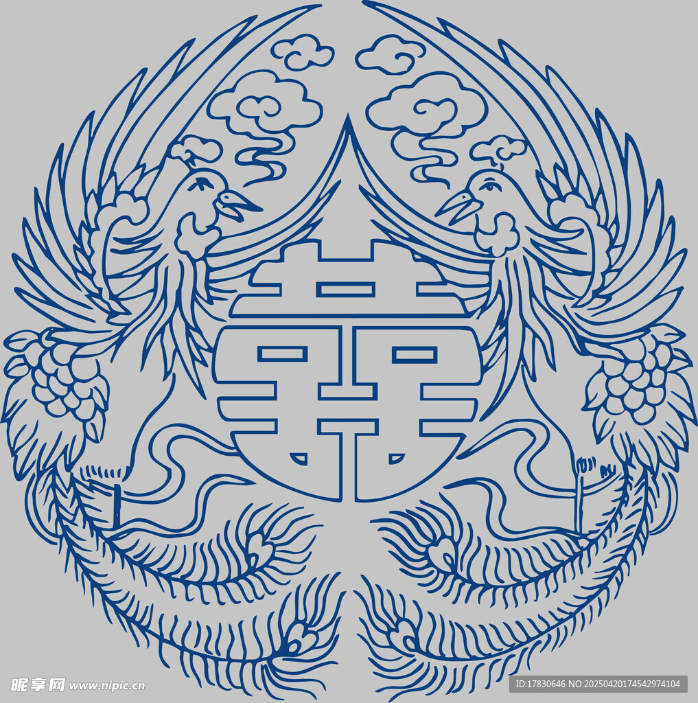 中式双凤环绕囍字图案