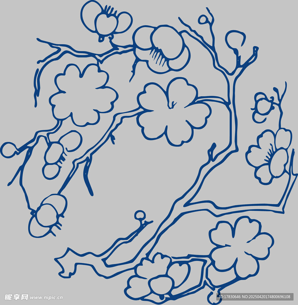 蓝线勾勒的精致梅花枝
