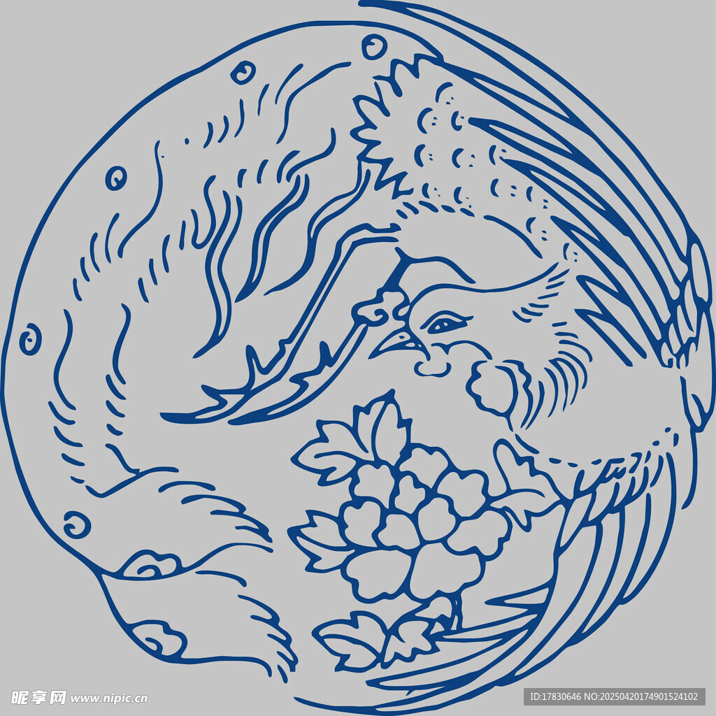圆形蓝线绘凤与花卉图案