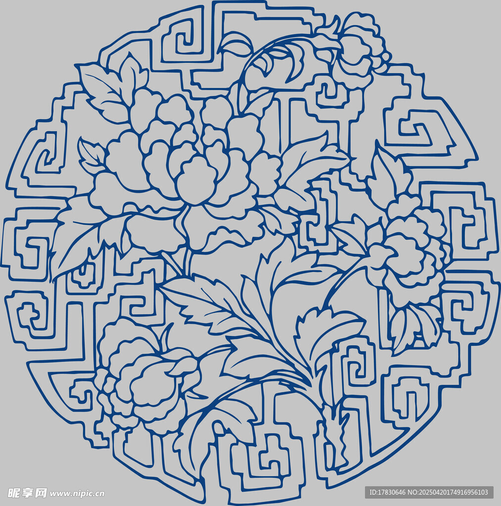 中式牡丹回纹圆形图案