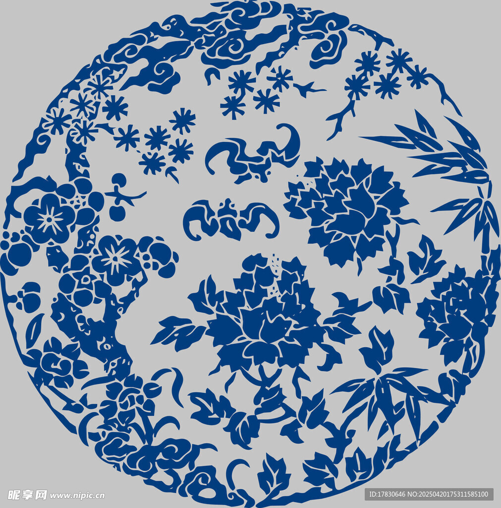 青花瓷圆形花卉纹饰图案