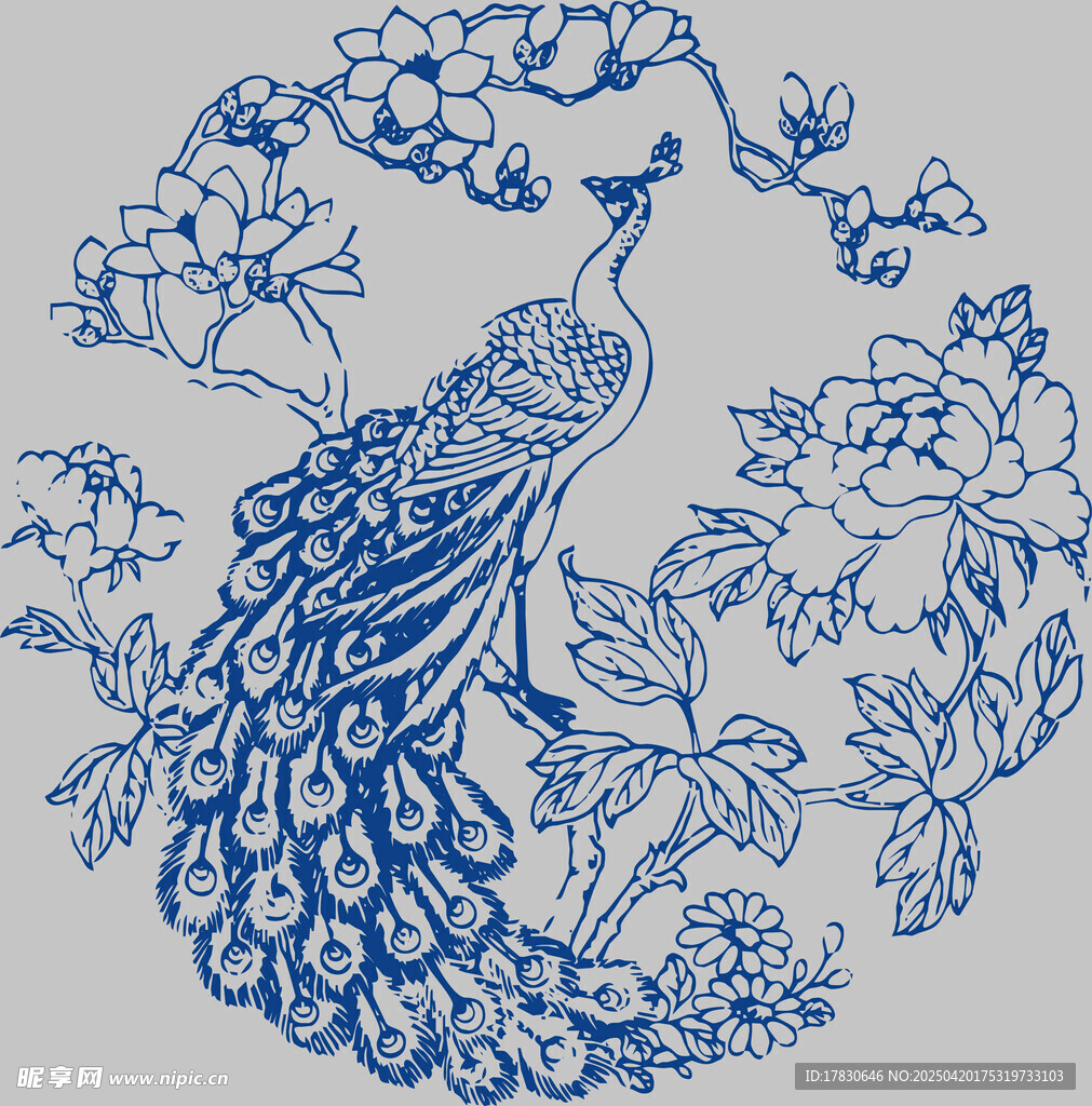 蓝白孔雀花卉精美图案