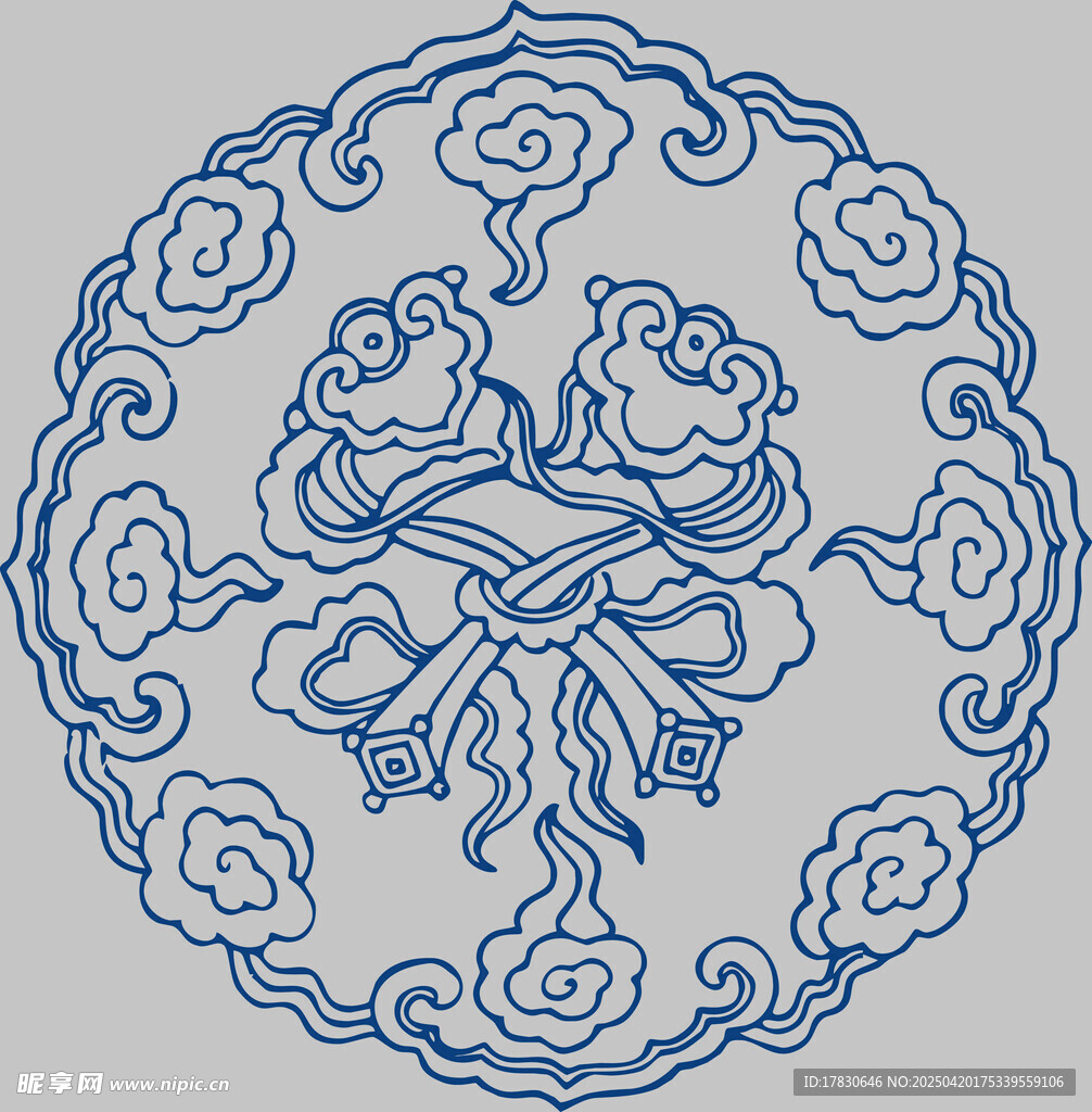 传统蓝白双狮云纹图案