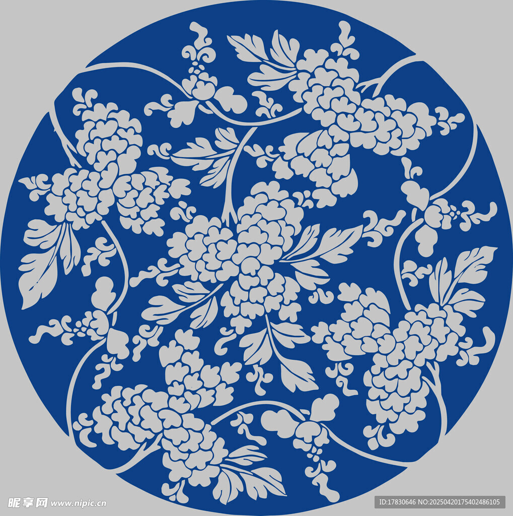 蓝底白葡萄花卉圆形图案