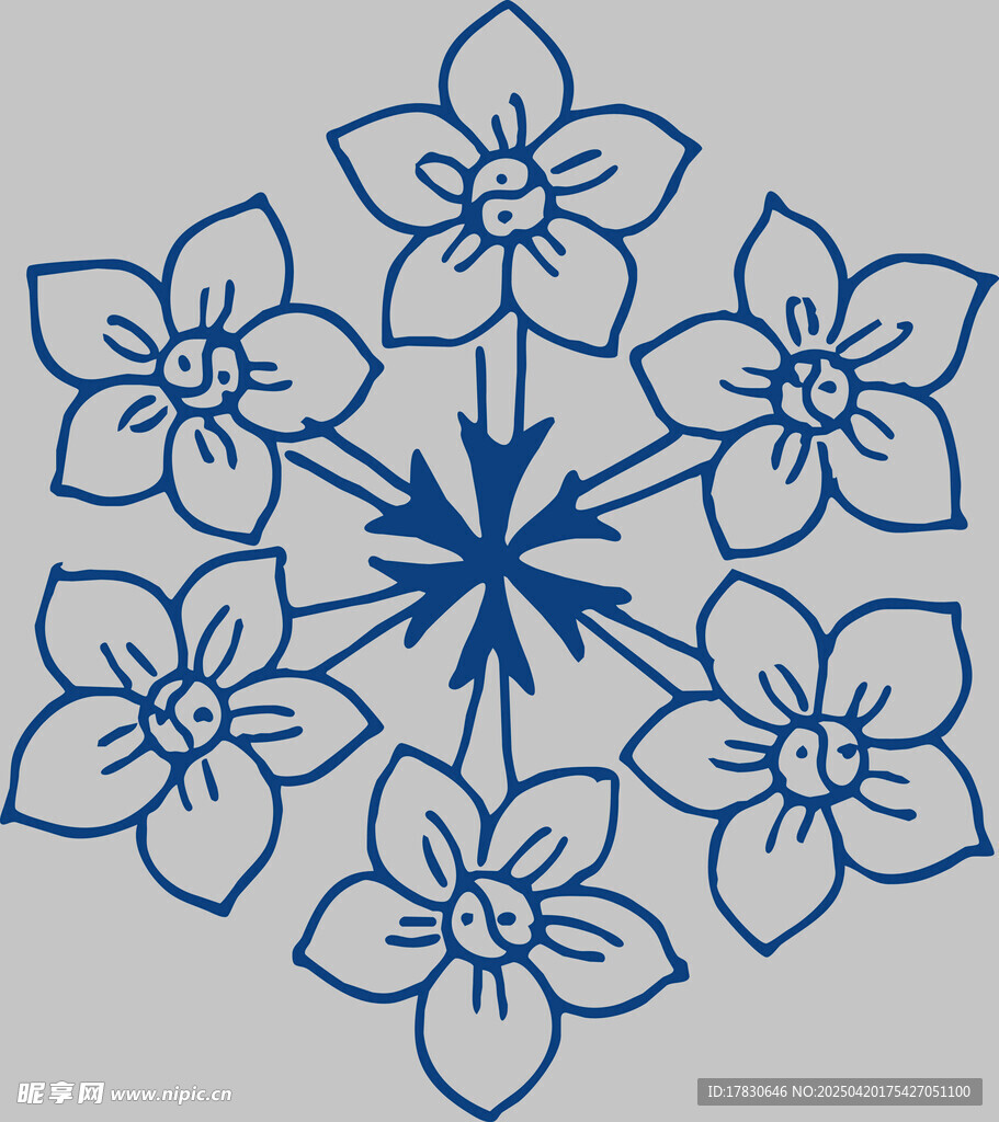 蓝色花朵对称图案设计