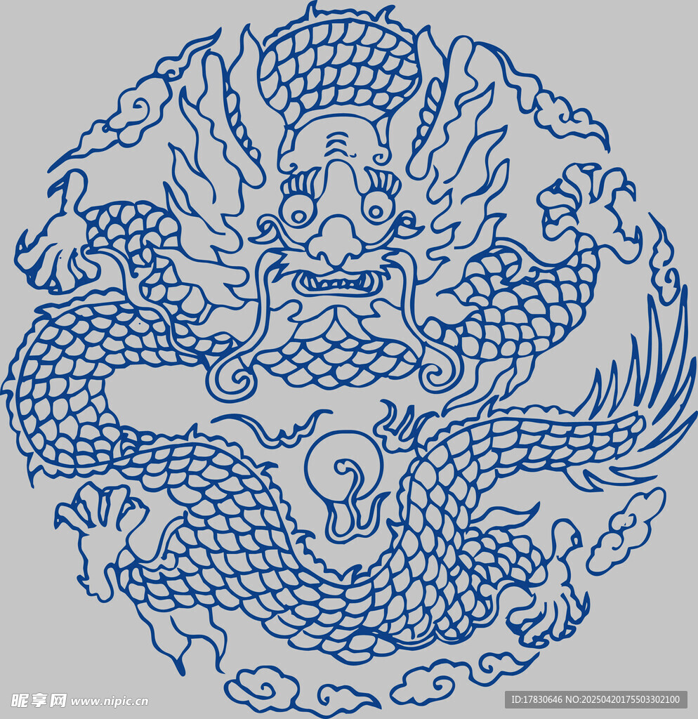 传统蓝白单龙戏珠图案