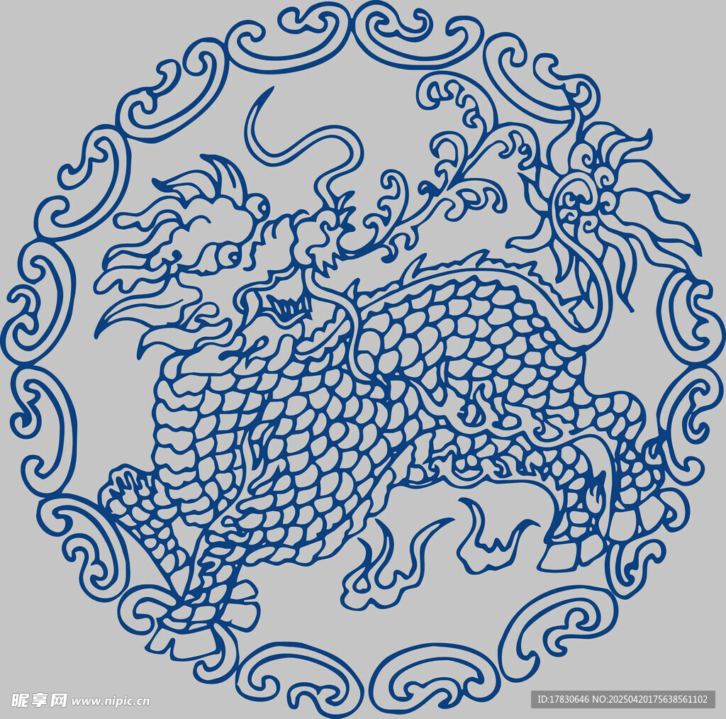 传统蓝白麒麟纹精美图案