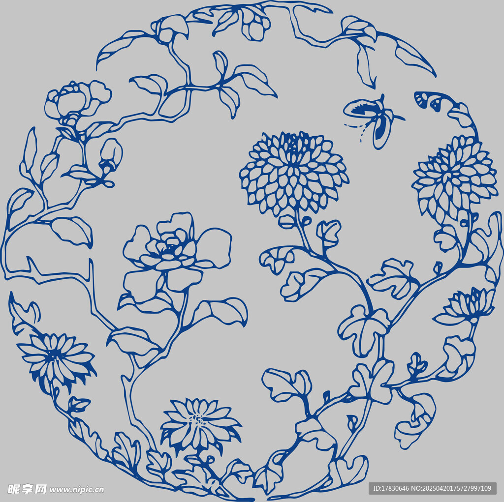 中式蓝白花卉圆形图案