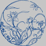 圆形蓝线绘荷花蜻蜓图案