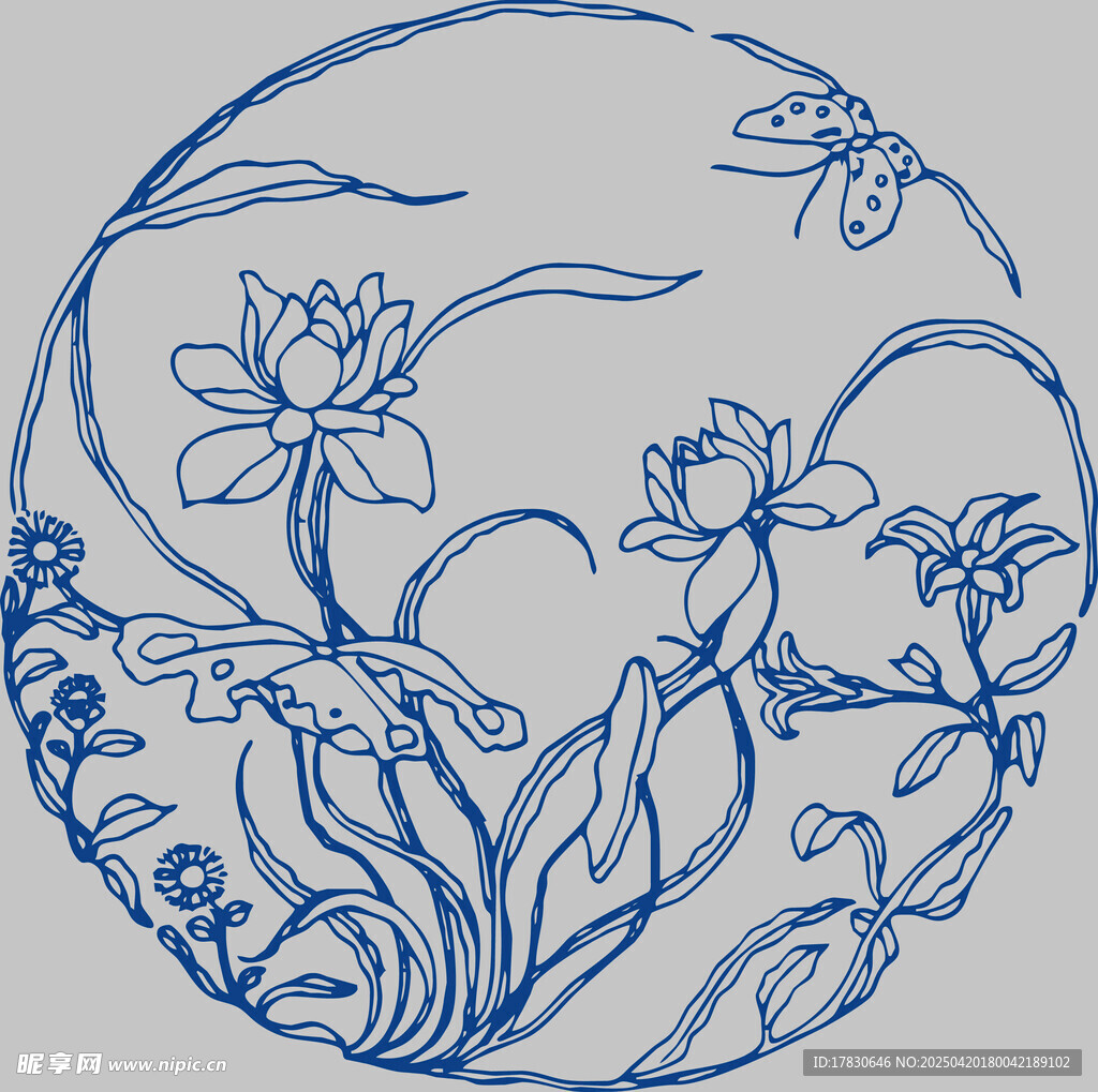 圆形蓝线绘荷花蜻蜓图案