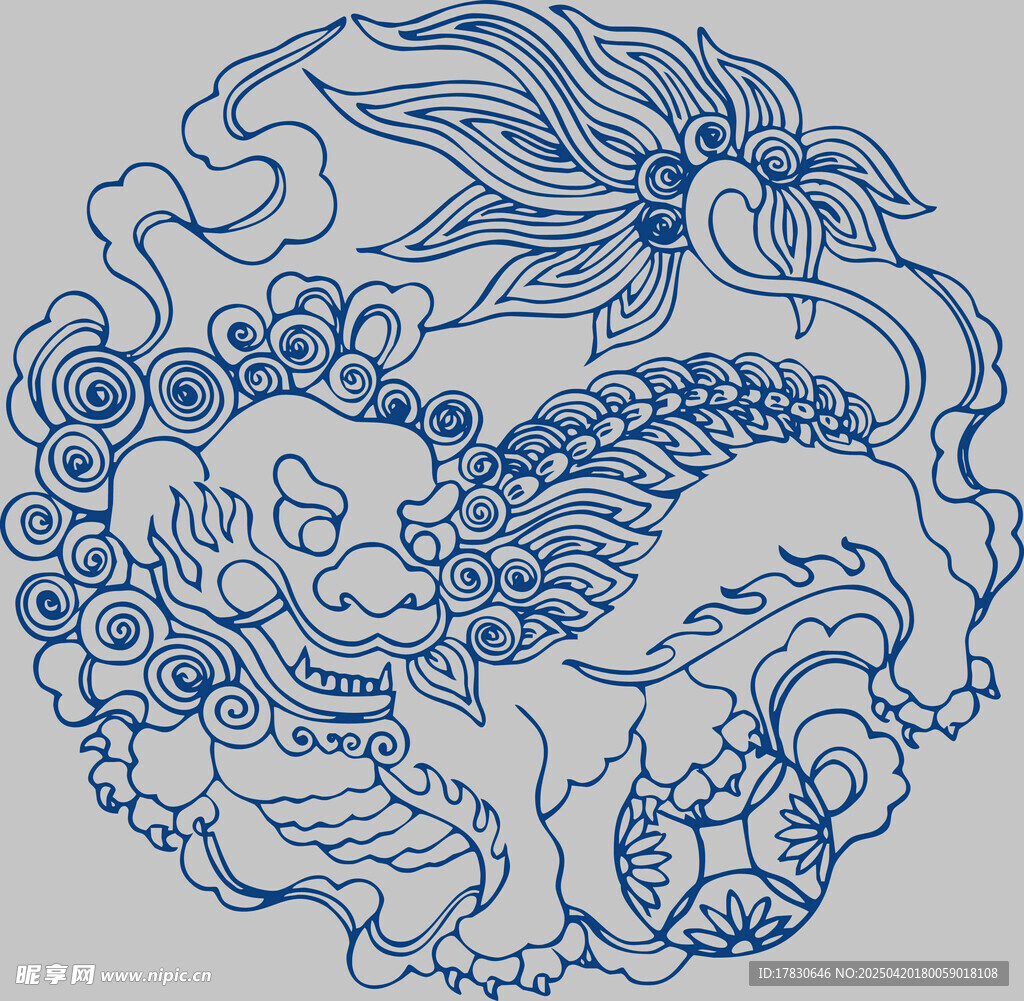 传统蓝白麒麟纹样图案