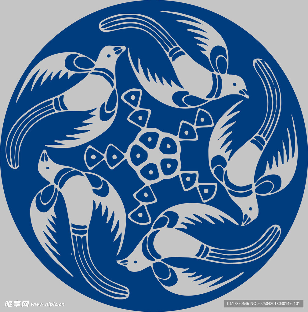 蓝底飞鸟几何图案纹饰