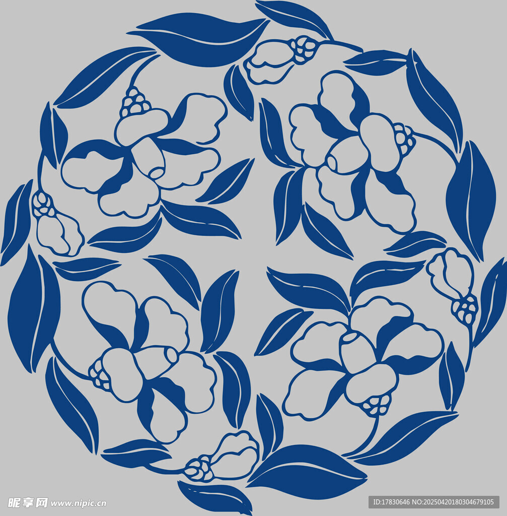 蓝白花卉圆形图案设计