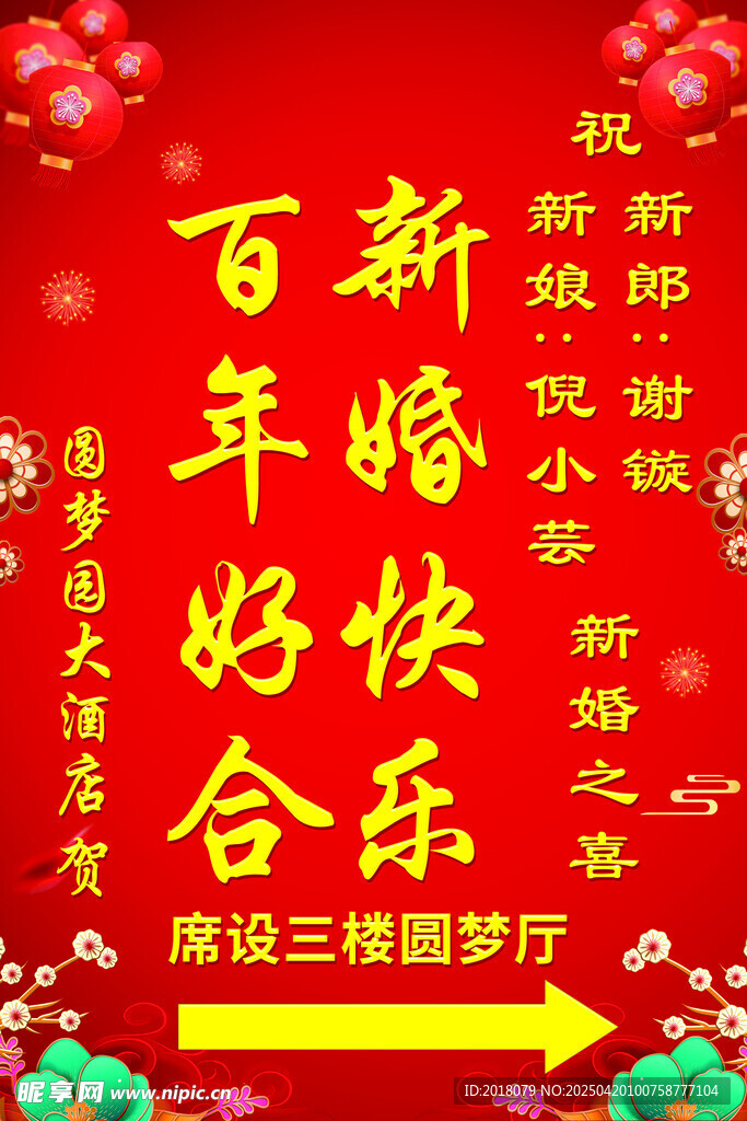 新婚贺词百年好合新婚酒店指引牌