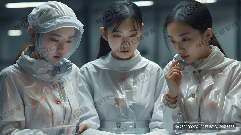 三个身穿防尘服的美女在检验直径