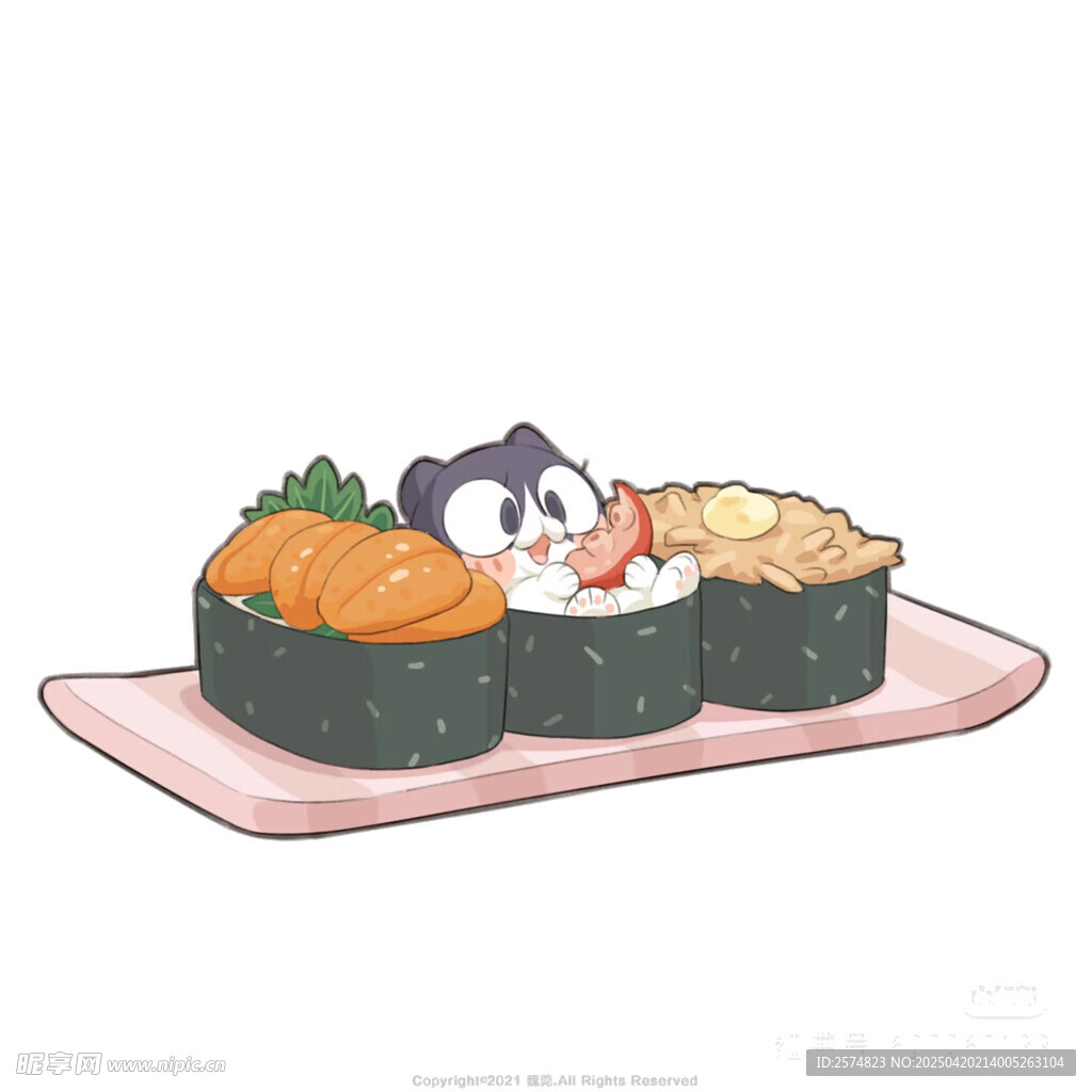 寿司上的可爱猫咪插画