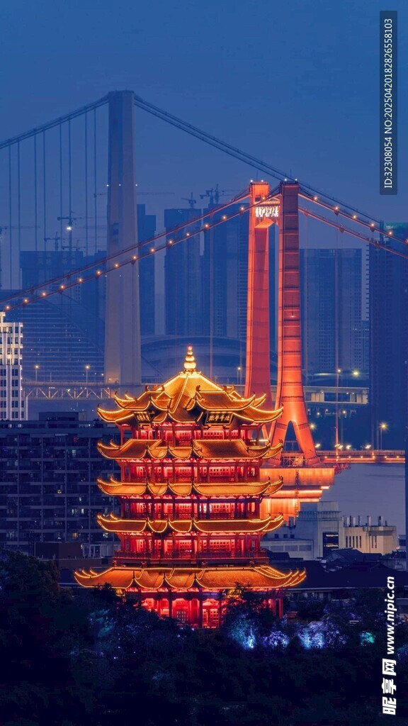 夜幕下的楼阁与跨江大桥