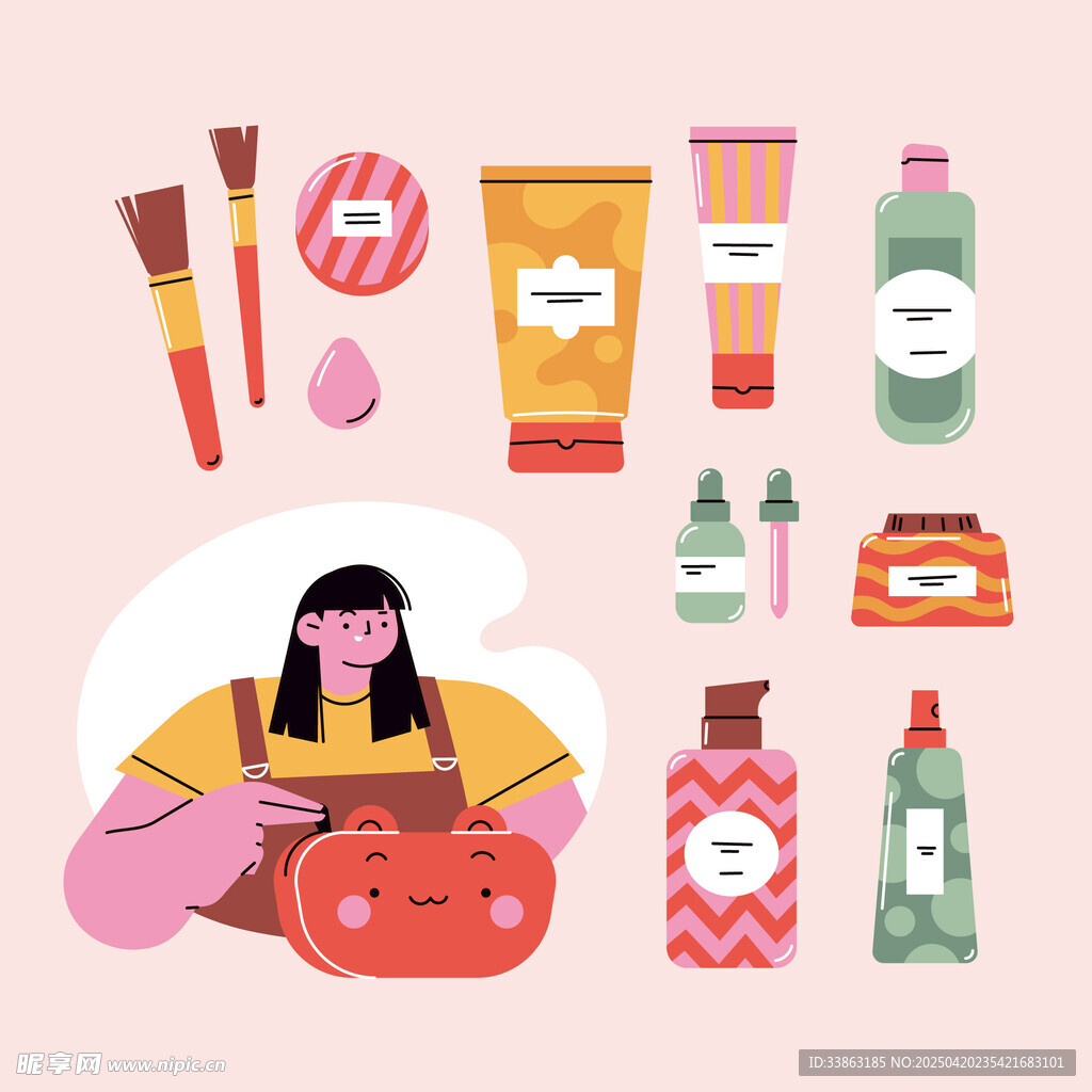 女孩与多样美妆护肤用品