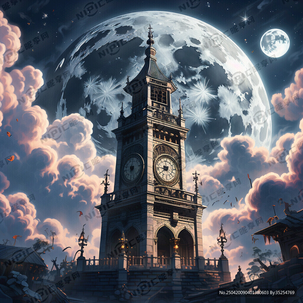 钟楼 月亮 云层