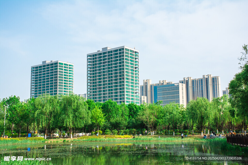 湖畔高楼与葱郁绿树景观