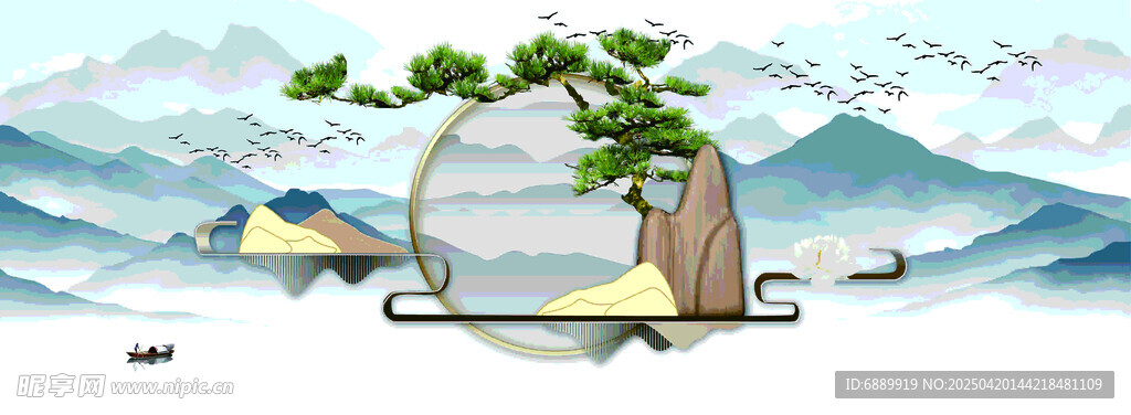 中式山水意境松树景观图