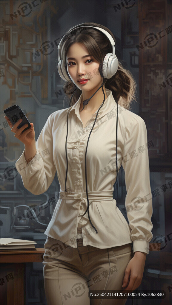 话务员 耳麦 比心 全身像