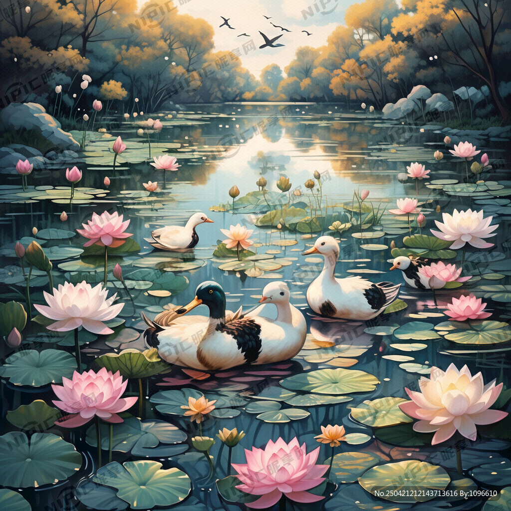 湖水 荷花 鸭子