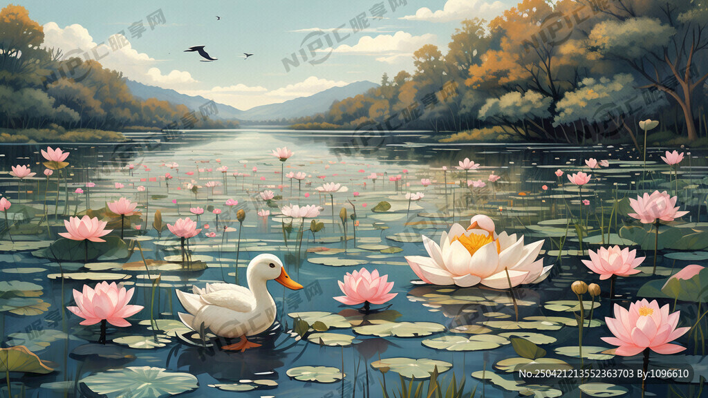 湖水 荷花 鸭子