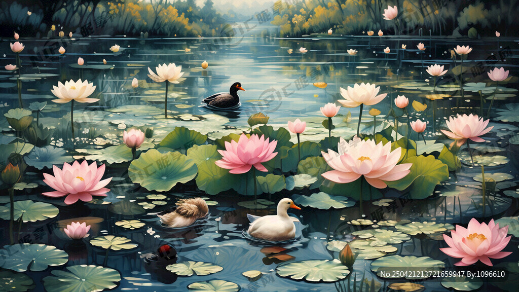 湖水 荷花 鸭子