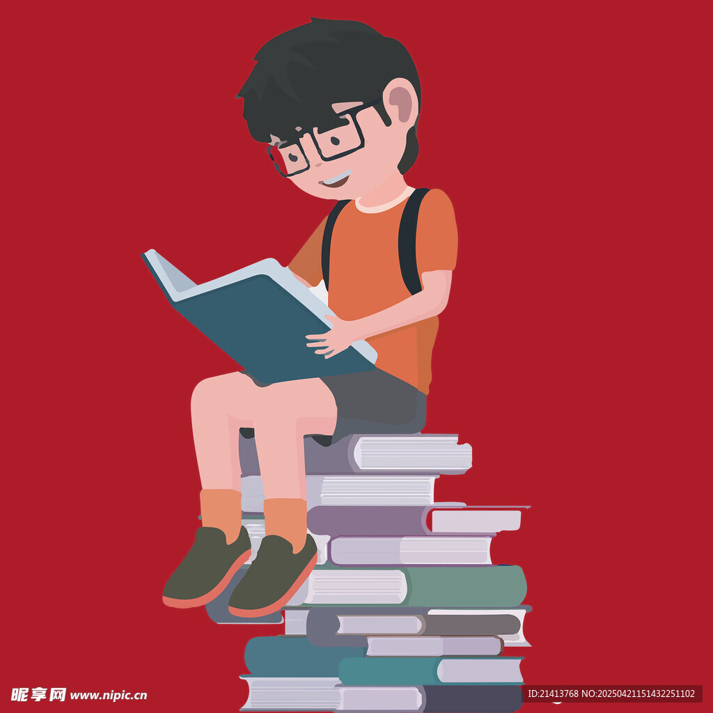 男孩坐书堆上专注阅读