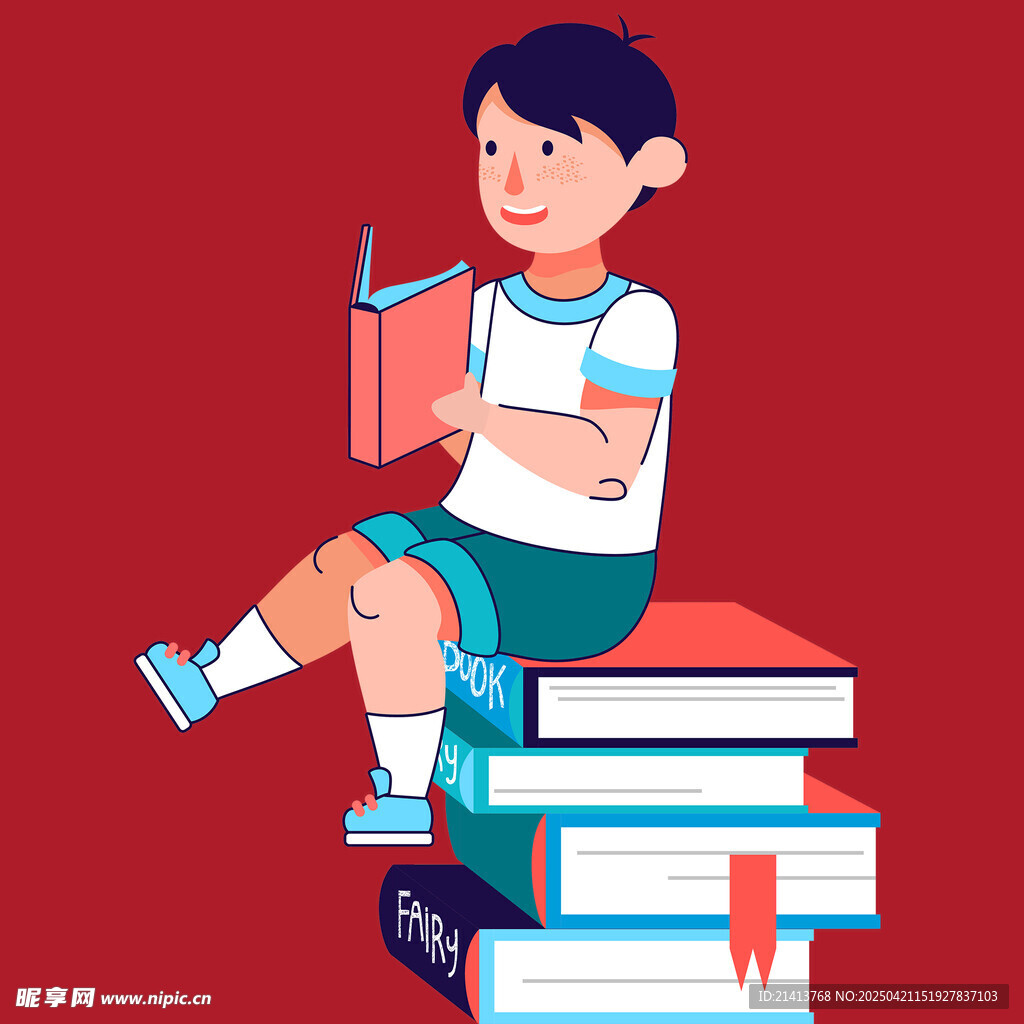 男孩坐书堆上专注阅读