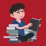 男孩坐书堆中专注阅读