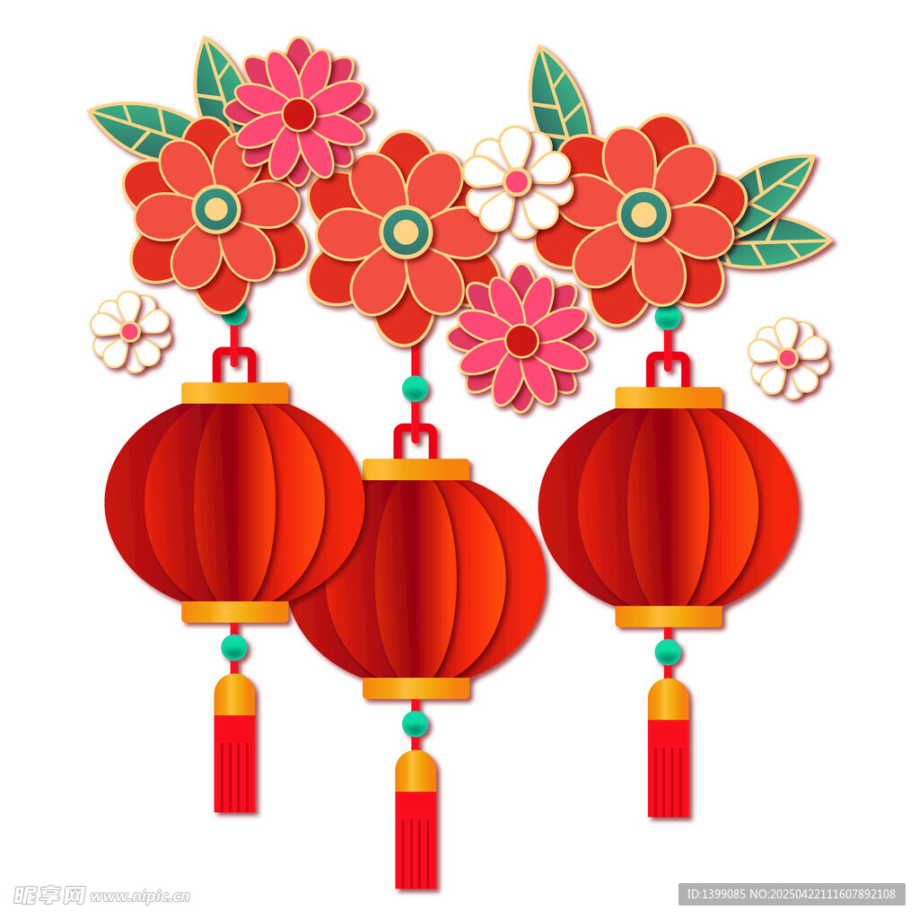 手绘风矢量剪纸风灯笼花卉