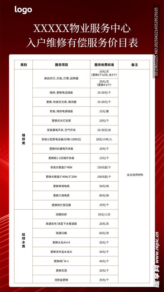物业入户维修有偿服务清单