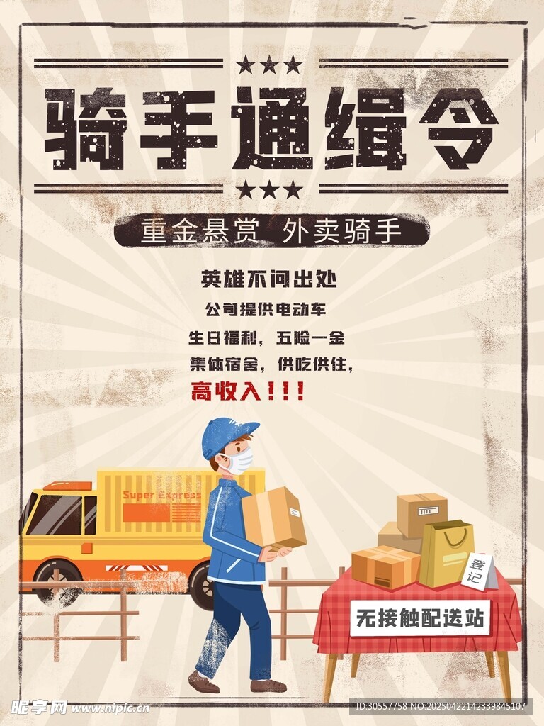 创意复古风骑手招聘宣传卡通海报