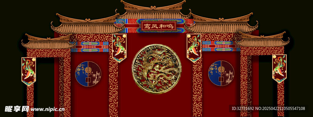 中式古典红色雕花建筑门
